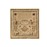 18TH C SAMPLER - Poetry and Menagerie Sampler in silk on fine linen, by Betsey Willett, aged 9,