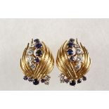 EARRINGS - One Pair of 18K Yellow Gold, Diamond and Sapphire Clip Earrings, each set with (8)