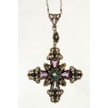 NECKLACE PENDANT - Early Gold Renaissance Form Cruciform Pendant on Chain, pendant is set with (