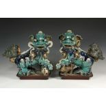 PAIR OF CHINESE ROOF TILE FINIALS - Ming Dynasty Glazed Stoneware Foo Dog Finials, in opposing