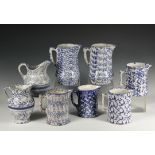 (8) BLUE SPONGEWEAR PITCHERS - 19th c. New England Stoneware Milk, Lemonade or Water Pitchers, in