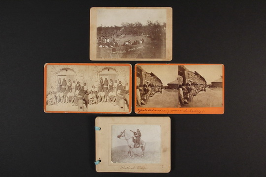 HISTORIC NATIVE AMERICAN PHOTOS: (1) CABINET CARD, (2) STEROVIEW CARDS & SMALL ALBUM - All Albumen