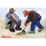 Sue Atkinson (British born 1949) Framed oil on board, signed ‘Digging for bait’’ 17cm x 23cm