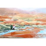 Sue Atkinson (British born 1949) Framed oil on board, signed ‘Landscape with fishermen’ 20cm x 28cm