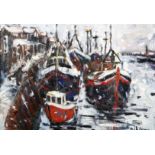 Sue Atkinson (British born 1949) Framed oil on board, signed ‘Snowy Harbour scene with fishing