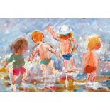 Sue Atkinson (British born 1949) Framed oil on board, signed ‘Children playing on the water edge’