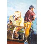 Sue Atkinson (British born 1949) Framed mixed media, signed ‘Fishermen with creel’ 49cm x 39cm