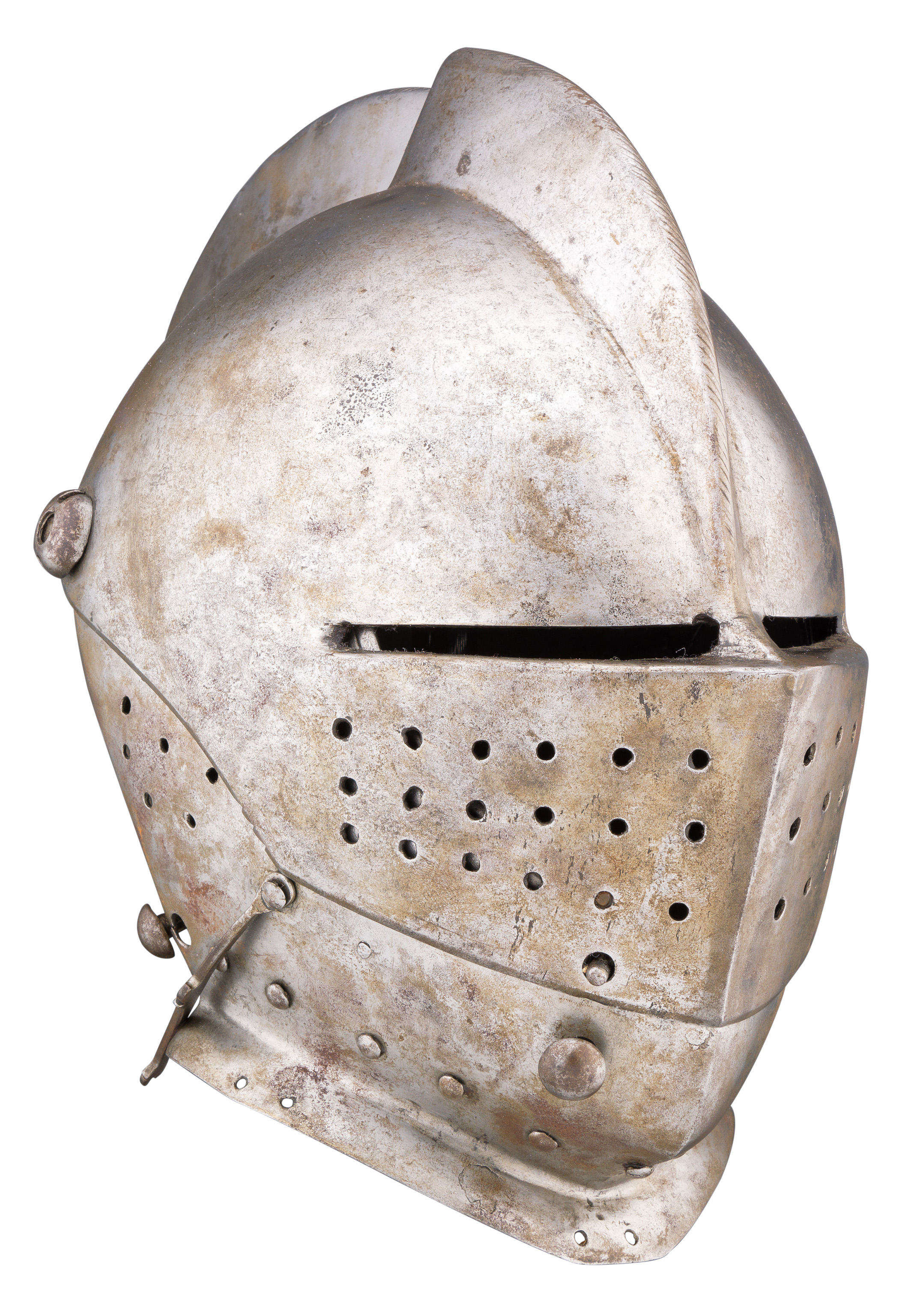 A GERMAN CLOSE HELMET FOR TOURNEY USE, CIRCA 1600 with rounded one-piece skull rising to a high,