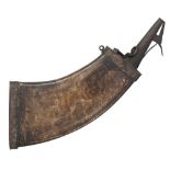 A GERMAN ENGRAVED COWHORN POWDER-FLASK, EARLY 17TH CENTURY with dark stained curved flattened