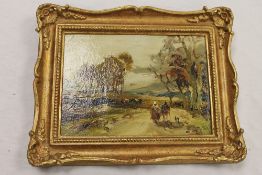 William Manners : Figures by a country track with trees beyond, oil on board, 19 cm x 14 cm, framed.