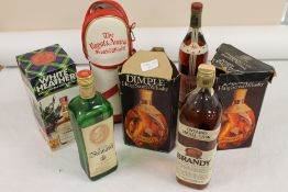 Seven bottles of spirits - Haig Scotch Whisky, Ontario brandy, Schnapps, Royal Ancient Scotch,