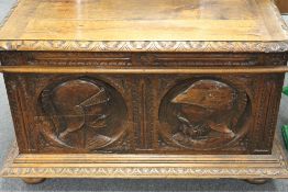 A carved oak blanket box, width 109 cm. CONDITION REPORT: Good condition, early twentieth century.