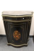 A French serpentine fronted ormolu mounted, marble topped and inlaid side cabinet, width 98 cm.