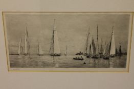 William Lionel Wyllie : 8 and 12 metre yachts becalmed off Cowes, drypoint etching, signed in