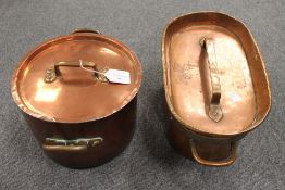 Two French copper pots with lids. (2) CONDITION REPORT: Good time aged condition, the oblong