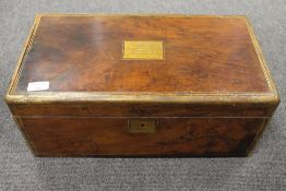 A nineteenth century brass mounted mahogany writing box, with inscribed panel dated 1880, width 50