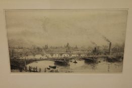 William Lionel Wyllie : Westminster Bridge and the City of London, drypoint etching, with margins,