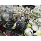 TRAY OF SILVER PLATED AND PEWTER ITEMS - COCKTAIL SHAKER, ETC.