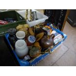 BOX CONTAINING OIL LAMP, POTTERY, PESTLE AND MORTAR, DVD'S, ETC.