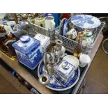 TRAY OF BLUE AND WHITE RINGTONS TEA CADDY, MINIATURE COFFEE SET, RINGTONS WARE, ETC.