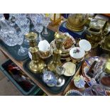 TRAY OF GUILDED TEA CHINA, PAIR OF BRASS CANDLESTICKS, ETC.