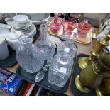 TRAY OF CRYSTAL DECANTERS AND A POTTERY HAND