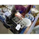 TRAY OF VINTAGE SCALES, BLUE AND WHITE FISH, WEIGHTS, CUTLERY, ETC.