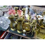 TRAY OF BRASS, CANDLESTICKS, ETC.