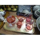 TRAY OF FIVE PIECES OF VICTORIAN CRANBERRY GLASS