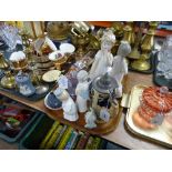 TRAY OF CONTINENTAL FIGURES, SHIP IN BOTTLE, WEDGWOOD VASE, ETC.