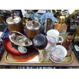 TRAY OF BELL'S WHISKY JARS, TEA AND SALT WOODEN CADDIES, CRUET SET, COMMEMORATIVE CHINA, ETC.