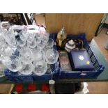 TWO BASKETS CONTAINING CRYSTAL WINE GLASSES, WHISKY GLASSES AND A BASKET CONTAINING TABLE CUTLERY,