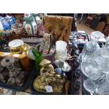 TRAY OF CARVED ORIENTAL FIGURE, WOODEN ELEPHANT, GILT METAL FIGURE - BOY, TEASPOONS, PLAYING CARDS,