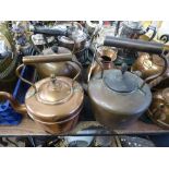 TRAY OF THREE COPPER KETTLES AND A COPPER JUG
