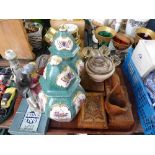 TRAY OF CONTINENTAL LIDDED VASES, GLASS AND METAL SUGAR BASIN AND JUG, WOODEN TABLE BOXES,