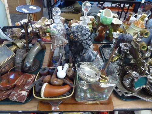 TRAY OF DECANTERS, CHALK BUST, MARBLES, COLLECTION OF PIPES, ETC.