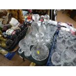 TRAY OF GLASS DECANTERS AND STOPPERS, VASES, GLASS BELL, TANKARDS, ETC.