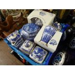 TRAY OF EIGHT PIECES OF RINGTONS BLUE AND WHITE CHINA - CATHEDRAL JUG, CADDIES, MUG, ETC.