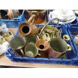 CRATE CONTAINING BRASS JAM PAN, HORSE BRASSES, COPPER JUGS, COPPER TANKARDS, ETC.