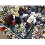 TRAY OF PLATED CANDLESTICKS, BOTTLE OF CAVA, BAROMETER, MOUTH ORGAN, PESTLE AND MORTAR,