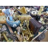 TRAY OF BRASS CANDLESTICKS, CARVED WOODEN TABLE BOX, DRESSING TABLE SET, CHERUB PLANTER,