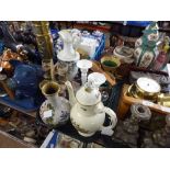 TRAY OF CLOISONNE VASE, DECORATIVE CONTINENTAL TEAPOT, GLASS CANDLESTICKS, LARGE CHINA EWER, ETC.