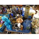 METAL HORSE, BRASS SHELL, OIL LAMPS AND CANDLESTICKS, COPPER TEAPOT, ETC.