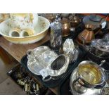 TRAY OF SILVER PLATED COFFEE POT, PIERCED DISH, GRAVY BOAT, ETC.