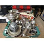 BOX CONTAINING LARGE QUANTITY OF SILVER PLATED AND PEWTER TEAPOTS, COFFEE POTS, SAMOVAR, TRAYS, ETC.