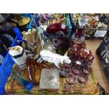 TRAY OF GLASS ORNAMENTS, CONTINENTAL LICQUER SET, JAPANESE SAKI DECANTER AND CUPS,