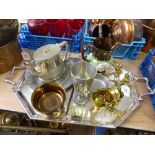 LARGE SILVER PLATED TWIN-HANDLED TRAY OF COPPER LUSTRE JUG AND BOWL, PEWTER PLATE,
