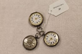 Three silver fob watches. (3) CONDITION REPORT: Two with gilded enamel dials. Probably early