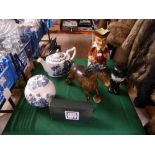 BOX OF BESWICK SHIRE HORSE, RINGTONS BLUE AND WHITE TEAPOT, GINGER JAR, MR PUNCH TOBY JUG,