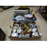 TWO BOXES OF BRASS MIRROR, LIGHT SHADE, TANKARDS, TEA CHINA, JUGS ETC.